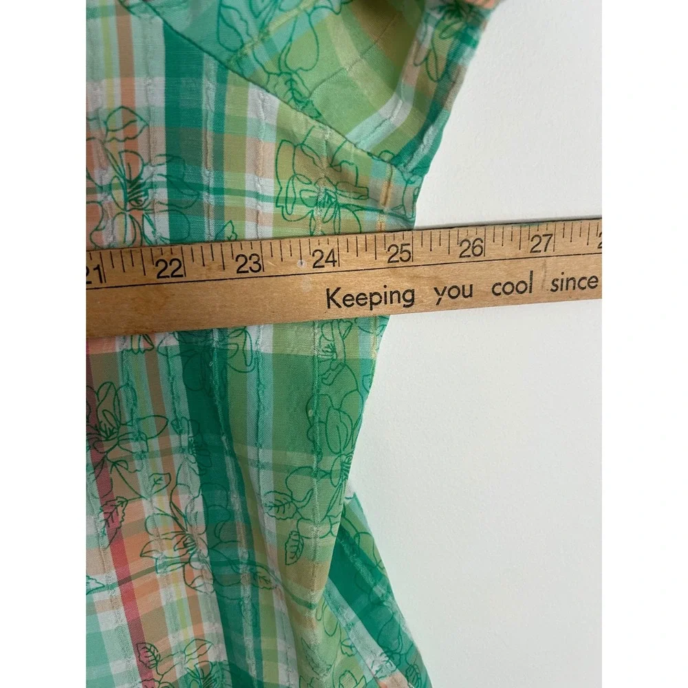 Alia Women Green Plaid Floral Button Up Shirt Short Sleeve Tab Textured Top - Picture 5 of 9